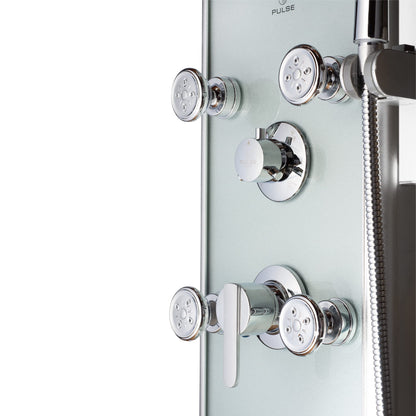 Kihei II shower panel system with 8 inch rainfall head, handheld spray, 6 body jets, 5 function wand and chrome fixtures
