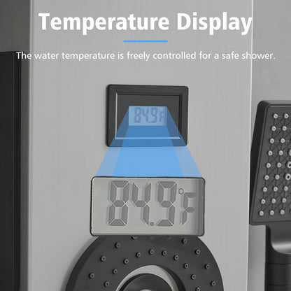 BWE stainless steel shower panel system with LED rainfall, waterfall, 4 body jets, handheld shower and temperature display