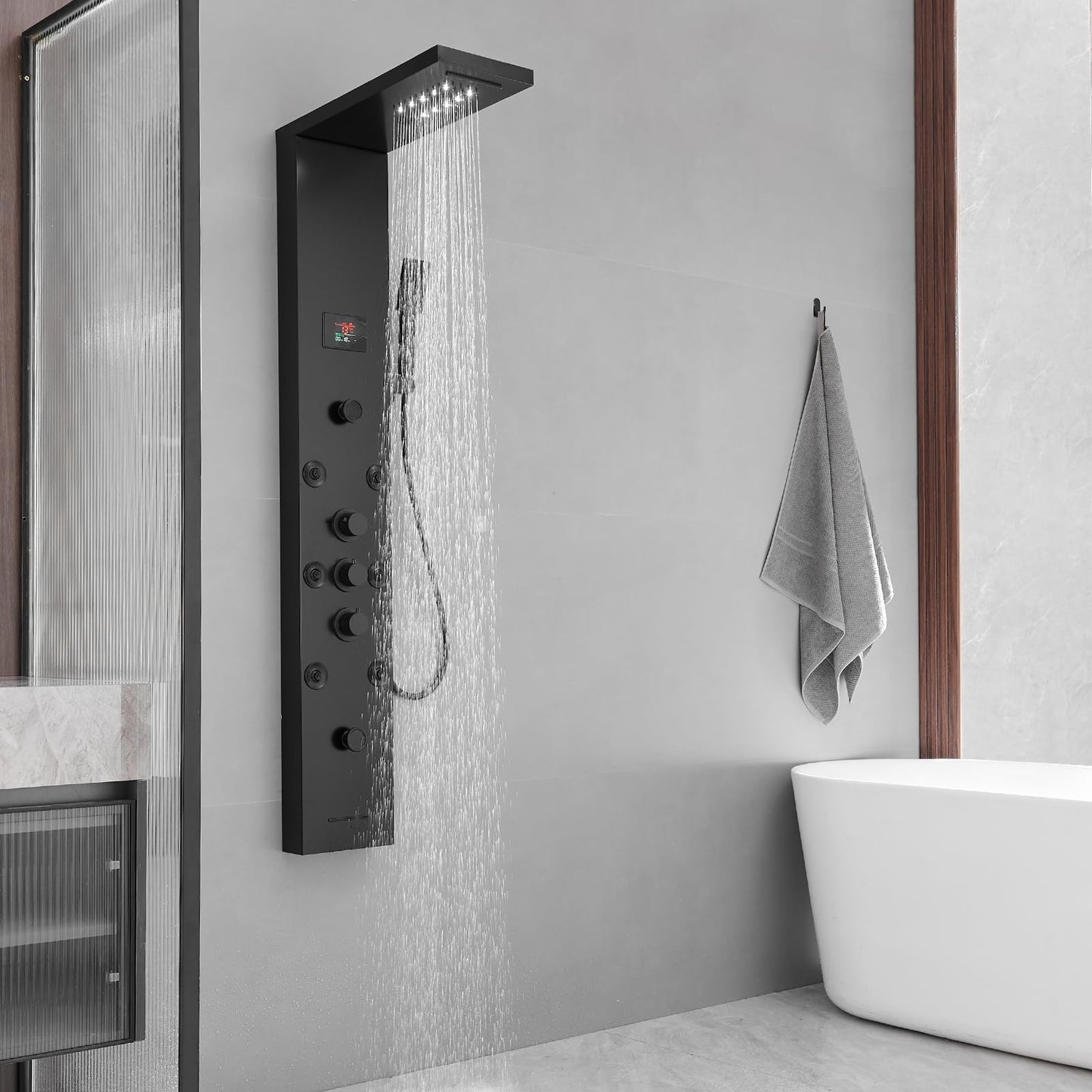 BWE LED shower panel tower system with temperature display, rainfall waterfall, body jets, tub spout and handheld shower, matte black