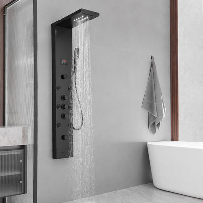 BWE LED shower panel tower system with temperature display, rainfall waterfall, body jets, tub spout and handheld shower, matte black