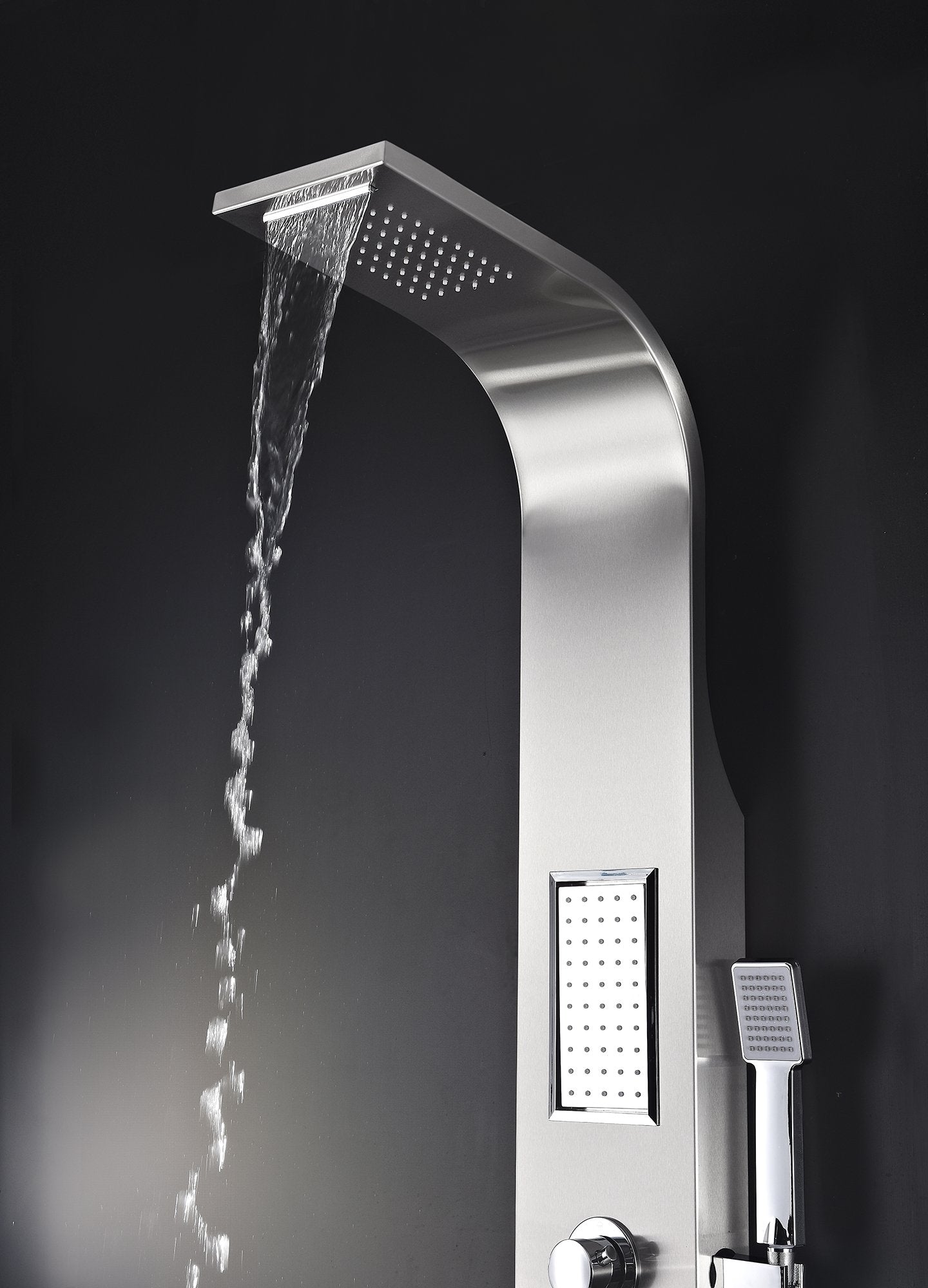 ANZZI Field 58 inch shower panel with high pressure rainfall head, handheld spray and 2 body jets, brushed steel
