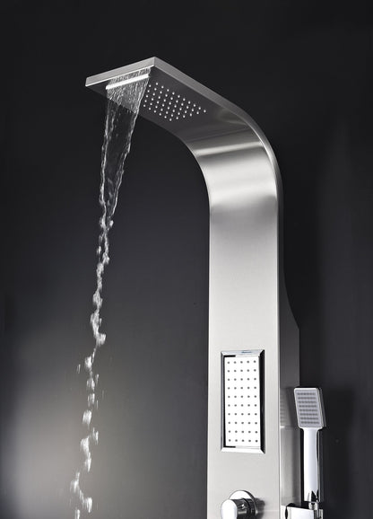ANZZI Field 58 inch shower panel with high pressure rainfall head, handheld spray and 2 body jets, brushed steel