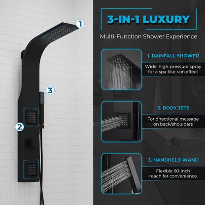 ANZZI Aura 2 jetted shower panel with rainfall and spray wand, matte black finish, easy DIY retrofit design