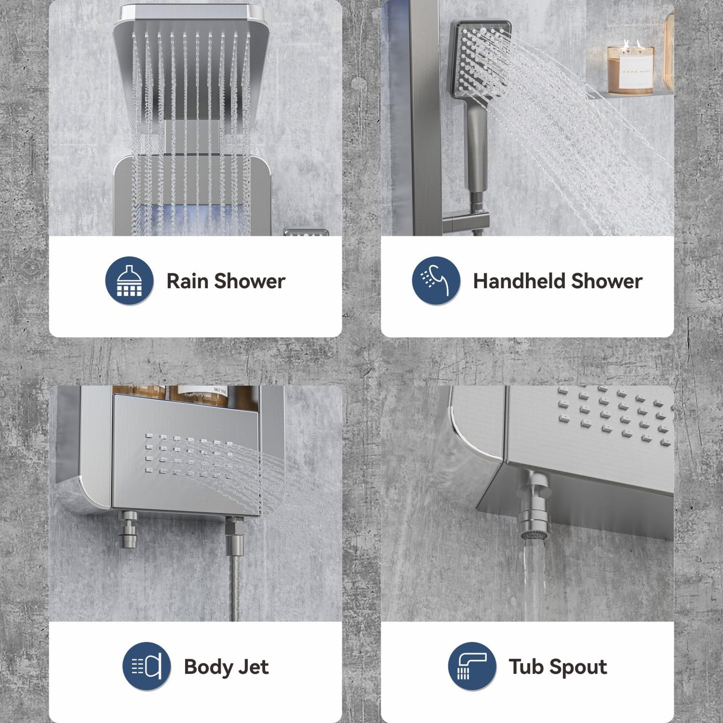 ELLO&ALLO LED rainfall shower panel with body jets and shelf, stainless steel tower system, brushed nickel and chrome