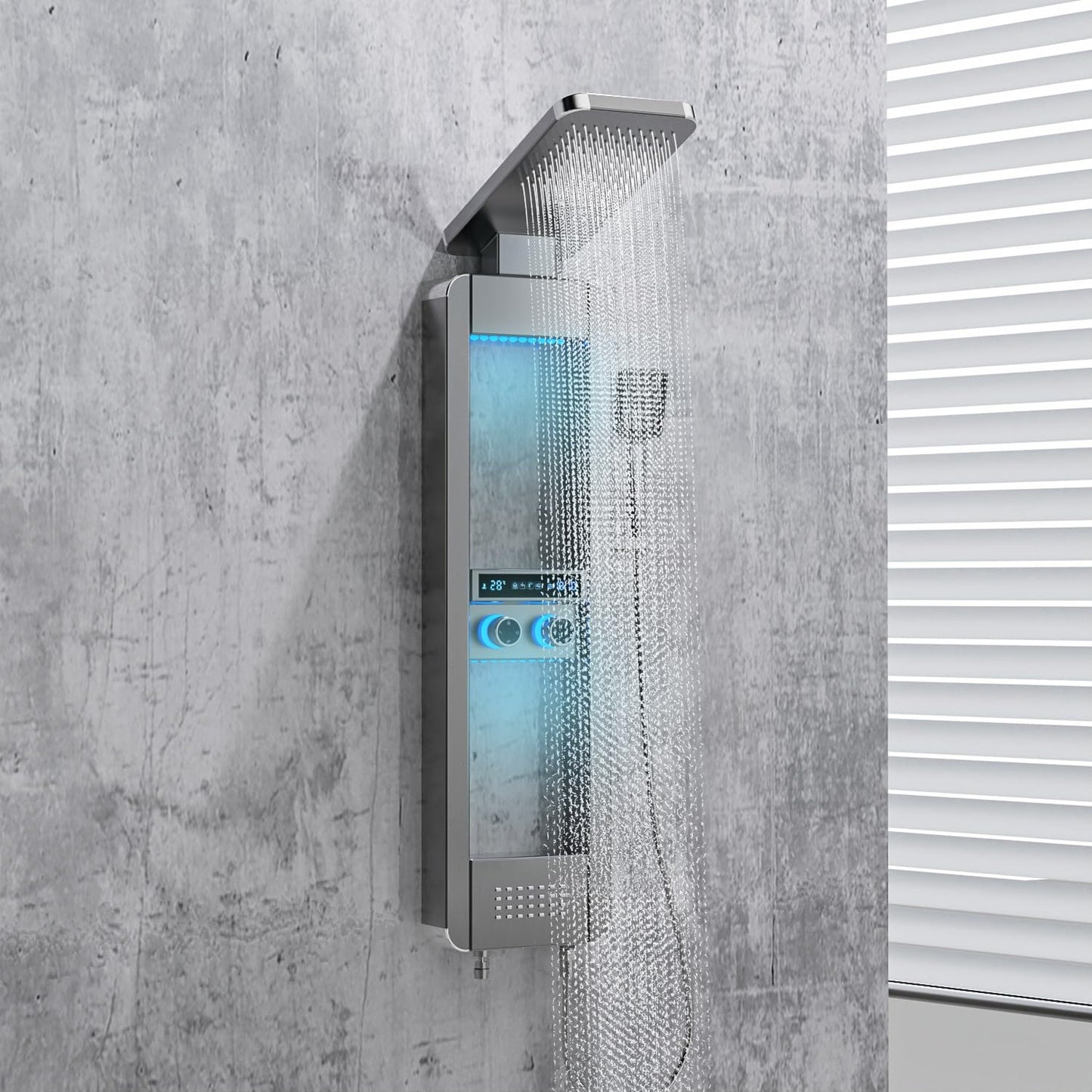 ELLO&ALLO LED rainfall shower panel with body jets and shelf, stainless steel tower system, brushed nickel and chrome