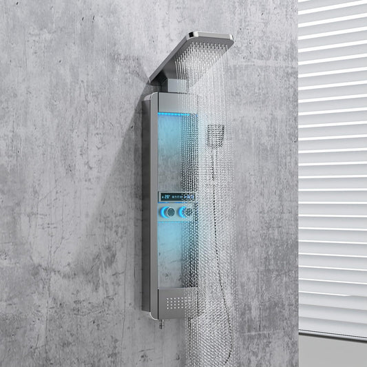 ELLO&ALLO LED rainfall shower panel with body jets and shelf, stainless steel tower system, brushed nickel and chrome