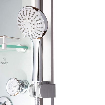 Kihei II shower panel system with 8 inch rainfall head, handheld spray, 6 body jets, 5 function wand and chrome fixtures