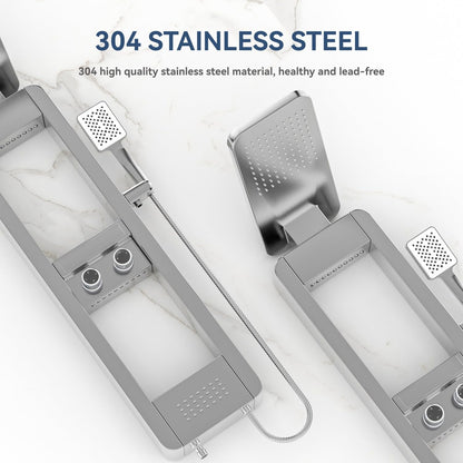 ELLO&ALLO shower panel tower system with rainfall shower head, body jets, stainless steel, shelf, brushed nickel and chrome finish