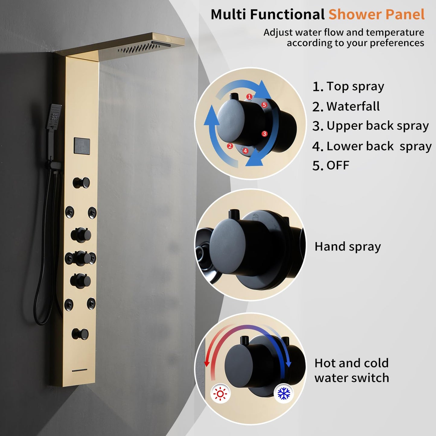 Bathfinesse gold shower panel system with LED light and LCD display, 5 in 1 massage modes, wall mounted shower tower