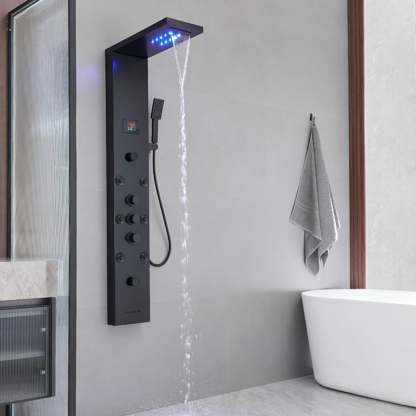 BWE LED shower panel tower system with temperature display, rainfall waterfall, body jets, tub spout and handheld shower, matte black