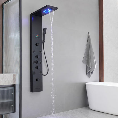 BWE LED shower panel tower system with temperature display, rainfall waterfall, body jets, tub spout and handheld shower, matte black