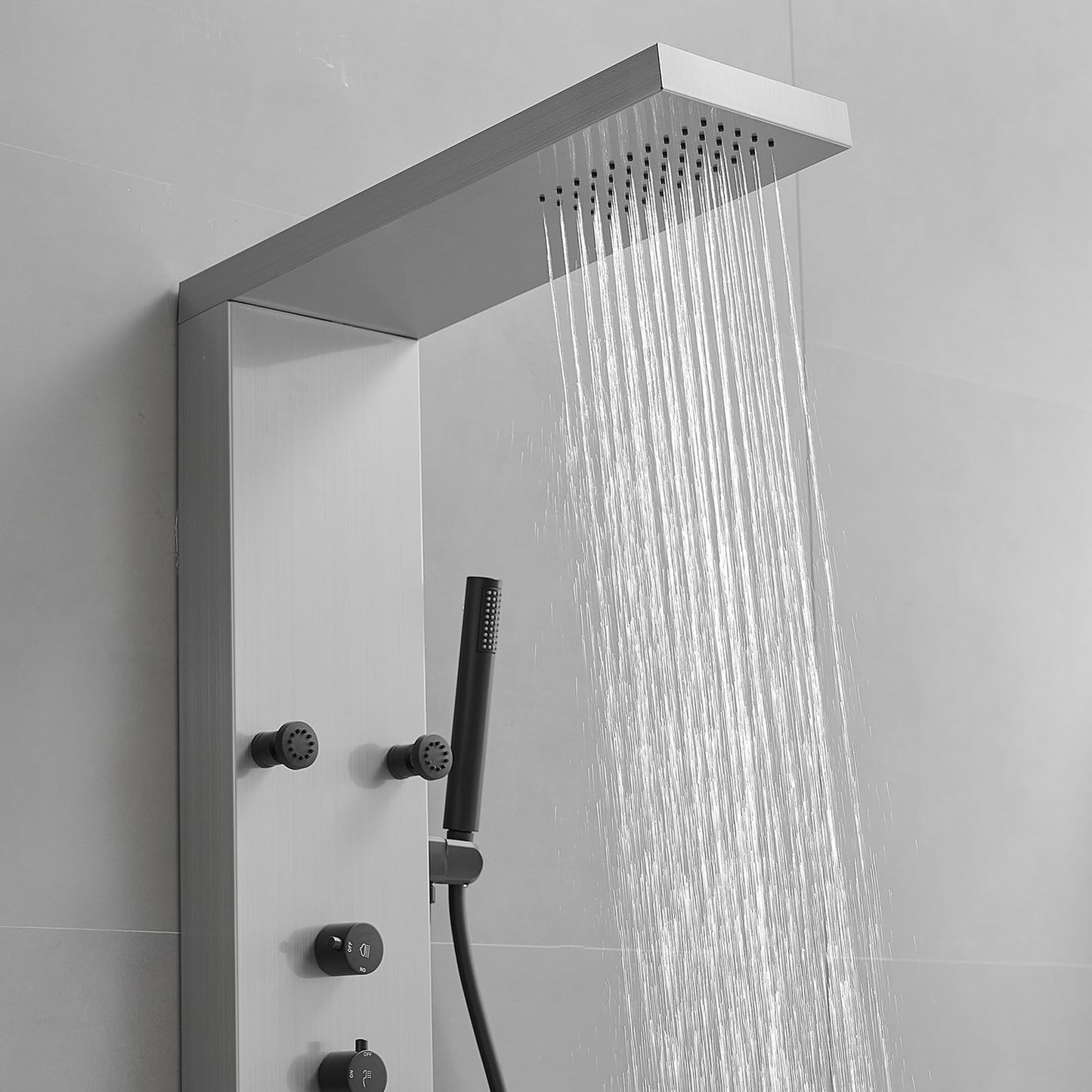 Greenspring brushed nickel shower panel tower with rainfall head, handheld wand and body jets, 3 in 1 multifunction system