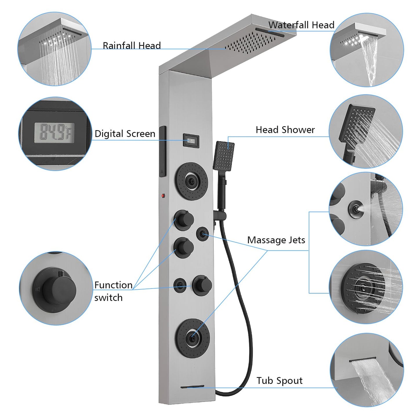 BWE stainless steel shower panel system with LED rainfall, waterfall, 4 body jets, handheld shower and temperature display