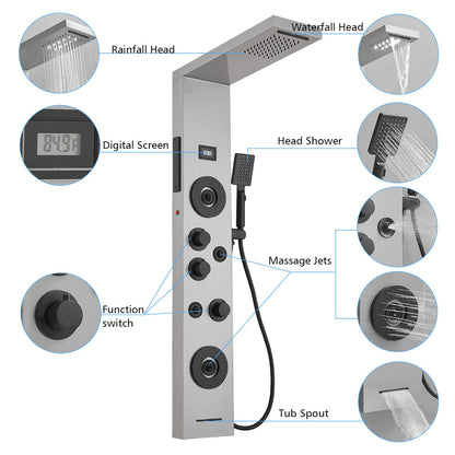 BWE stainless steel shower panel system with LED rainfall, waterfall, 4 body jets, handheld shower and temperature display