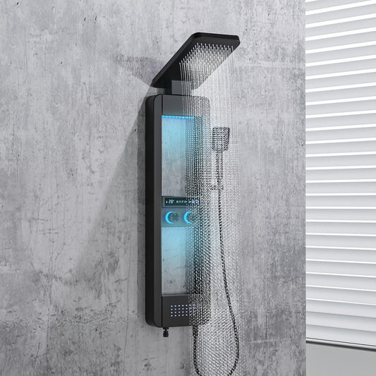 ELLO&ALLO LED shower panel tower with rainfall head, body jets and shelf, stainless steel, matte black finish
