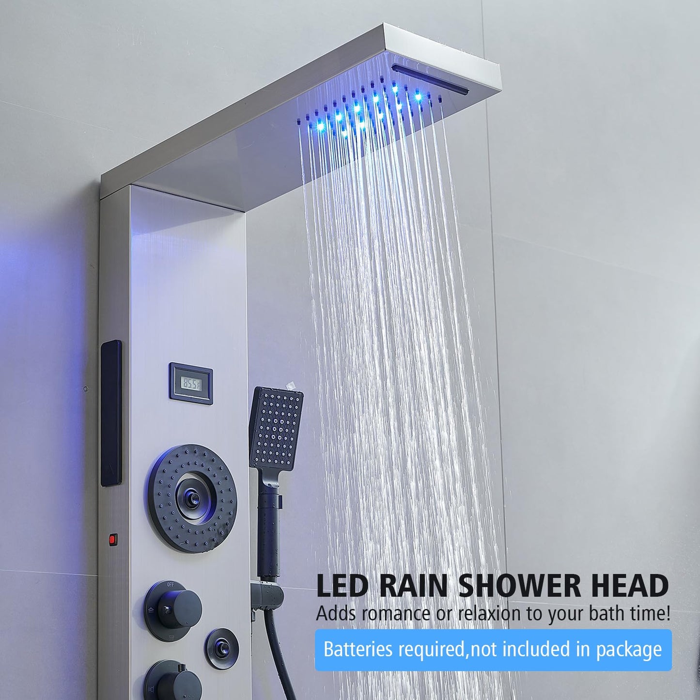 BWE stainless steel shower panel system with LED rainfall, waterfall, 4 body jets, handheld shower and temperature display