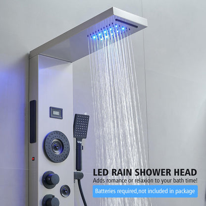 BWE stainless steel shower panel system with LED rainfall, waterfall, 4 body jets, handheld shower and temperature display