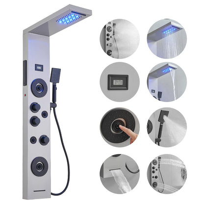 BWE stainless steel shower panel system with LED rainfall, waterfall, 4 body jets, handheld shower and temperature display