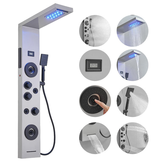 BWE stainless steel shower panel system with LED rainfall, waterfall, 4 body jets, handheld shower and temperature display