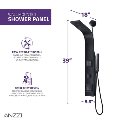 ANZZI Aura 2 jetted shower panel with rainfall and spray wand, matte black finish, easy DIY retrofit design