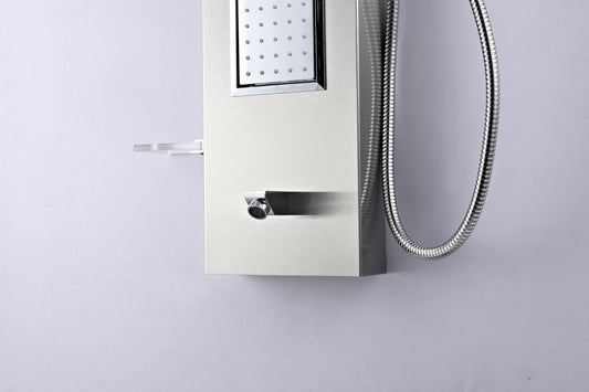 ANZZI Field 58 inch shower panel with high pressure rainfall head, handheld spray and 2 body jets, brushed steel