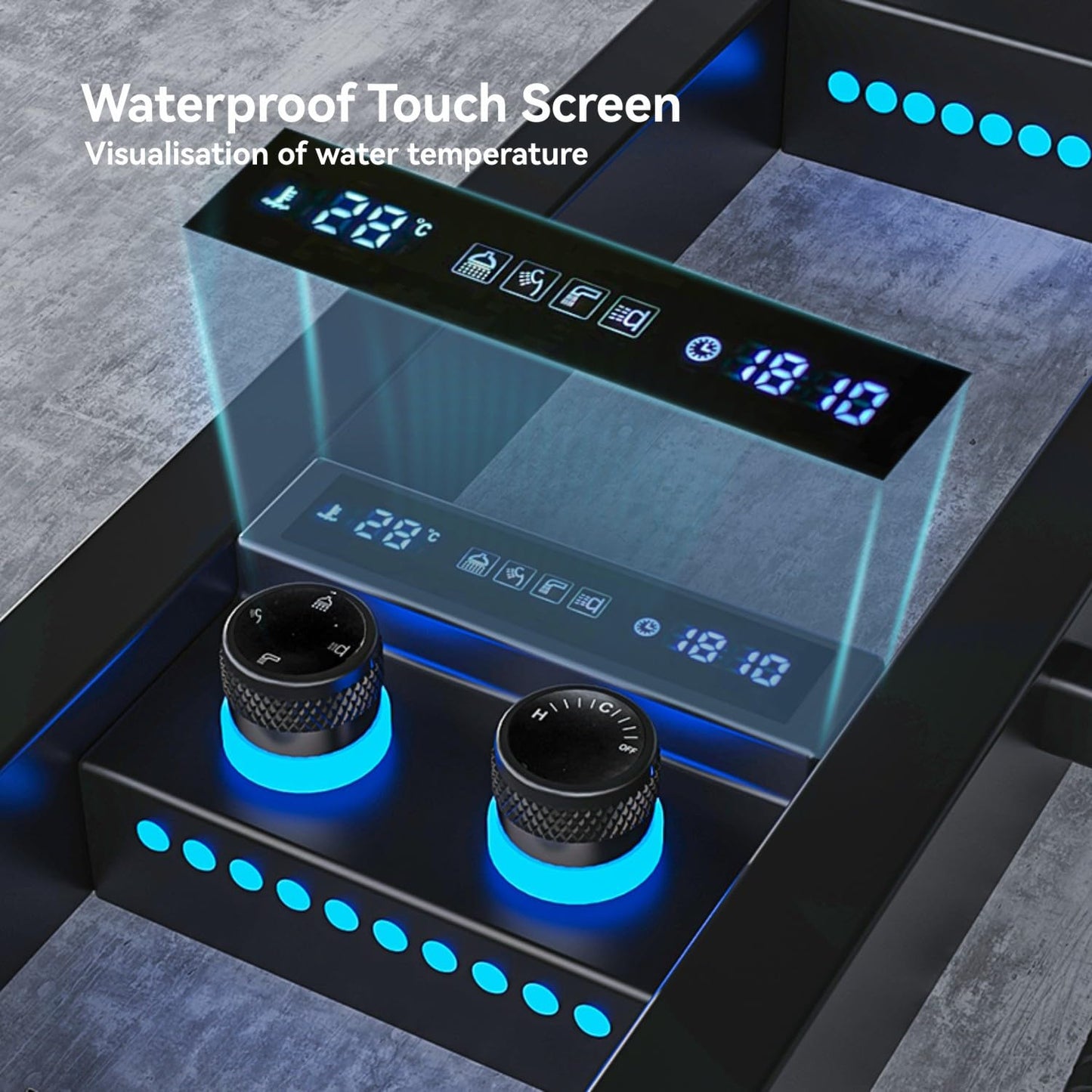 ELLO&ALLO LED shower panel tower with rainfall head, body jets and shelf, stainless steel, matte black finish