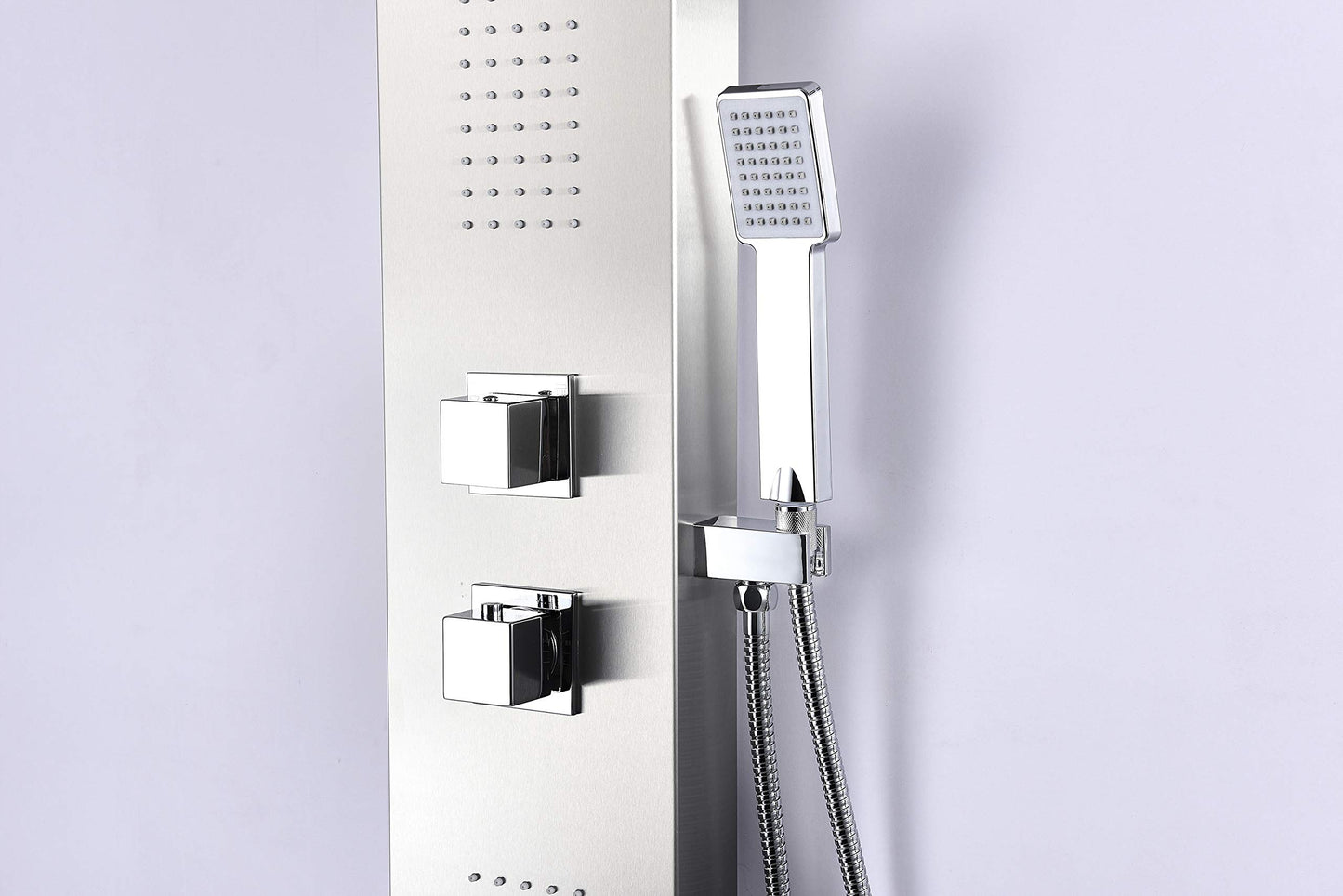 ANZZI Expanse full body massage shower panel with jetted system, rainfall and handheld, brushed steel finish
