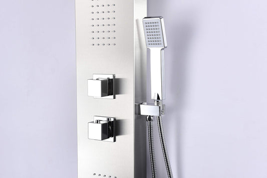 ANZZI Expanse full body massage shower panel with jetted system, rainfall and handheld, brushed steel finish