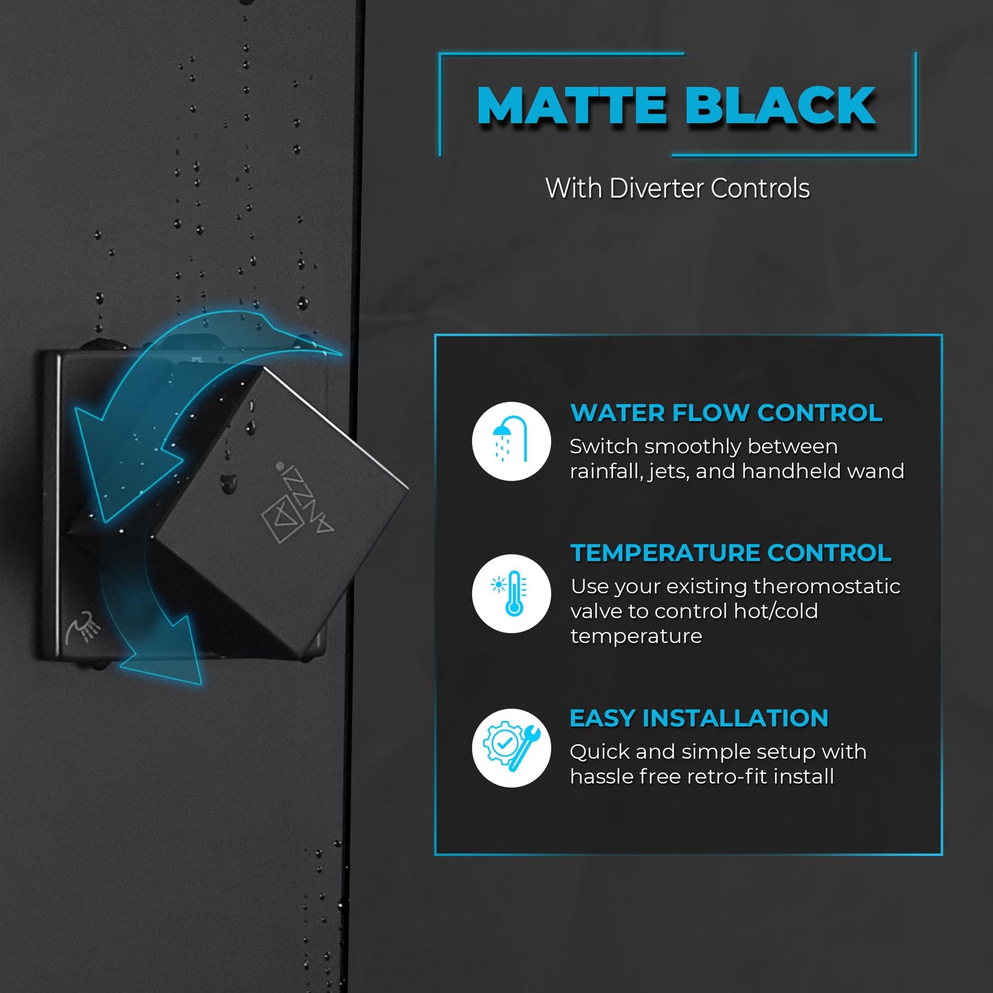 ANZZI Aura 2 jetted shower panel with rainfall and spray wand, matte black finish, easy DIY retrofit design