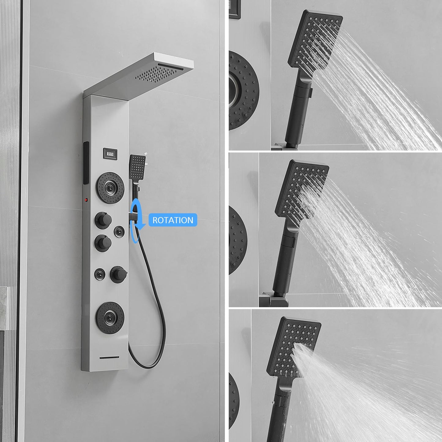 BWE stainless steel shower panel system with LED rainfall, waterfall, 4 body jets, handheld shower and temperature display