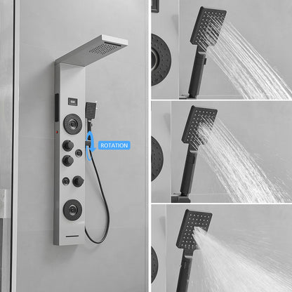 BWE stainless steel shower panel system with LED rainfall, waterfall, 4 body jets, handheld shower and temperature display