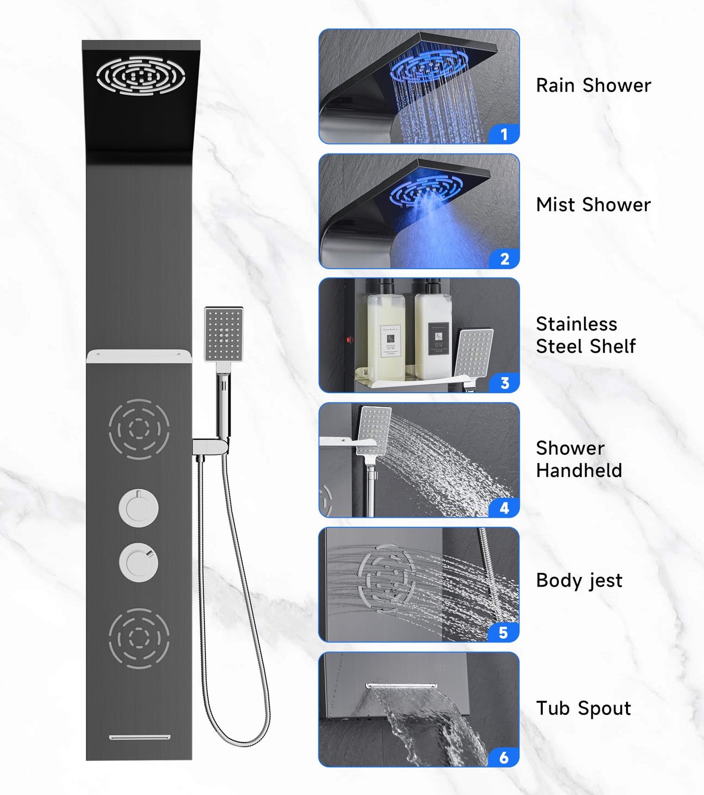 POPFLY LED shower panel system with rainfall and mist, body jets, tub spout and handheld shower, stainless steel, matte black