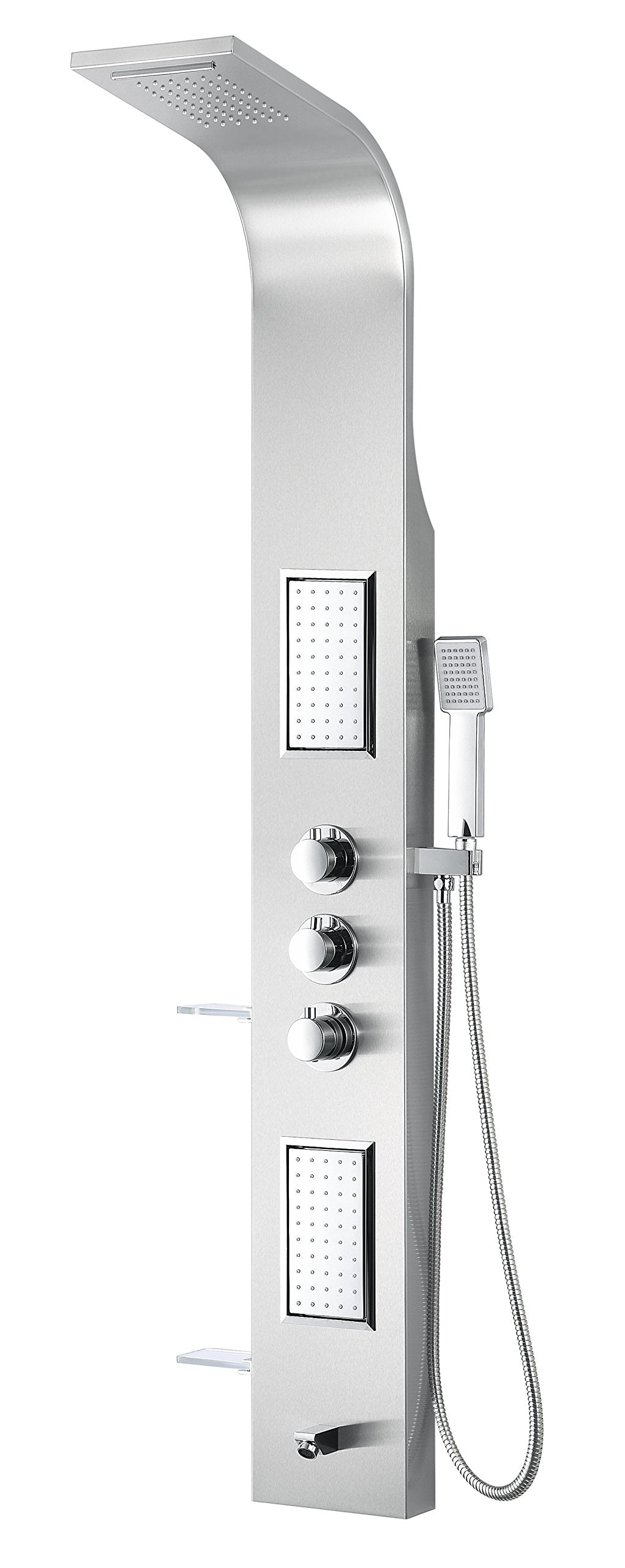 ANZZI Field 58 inch shower panel with high pressure rainfall head, handheld spray and 2 body jets, brushed steel