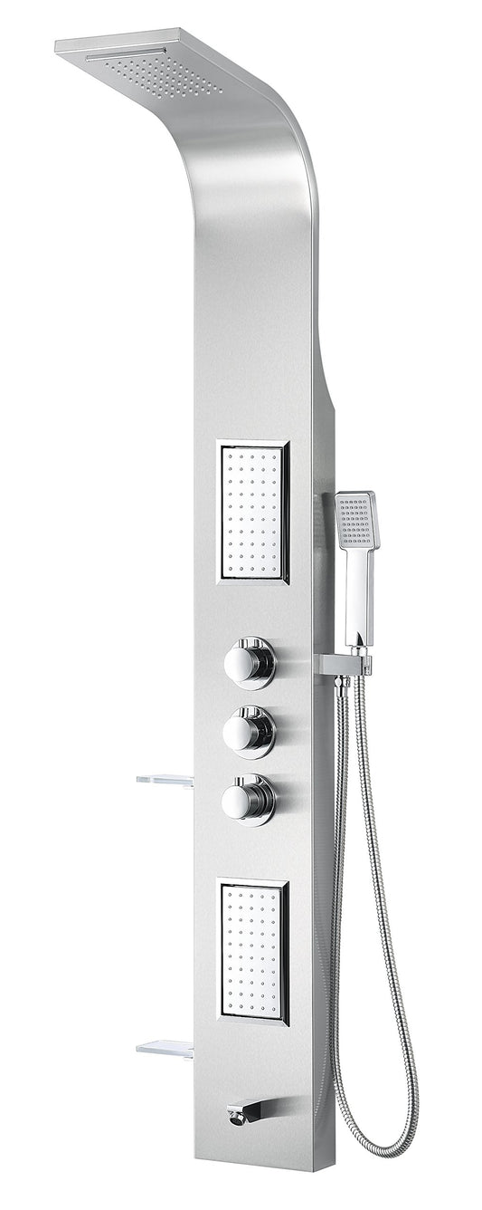 ANZZI Field 58 inch shower panel with high pressure rainfall head, handheld spray and 2 body jets, brushed steel