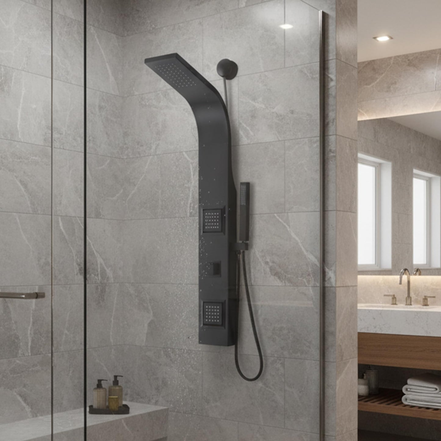 ANZZI Aura 2 jetted shower panel with rainfall and spray wand, matte black finish, easy DIY retrofit design