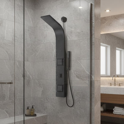 ANZZI Aura 2 jetted shower panel with rainfall and spray wand, matte black finish, easy DIY retrofit design