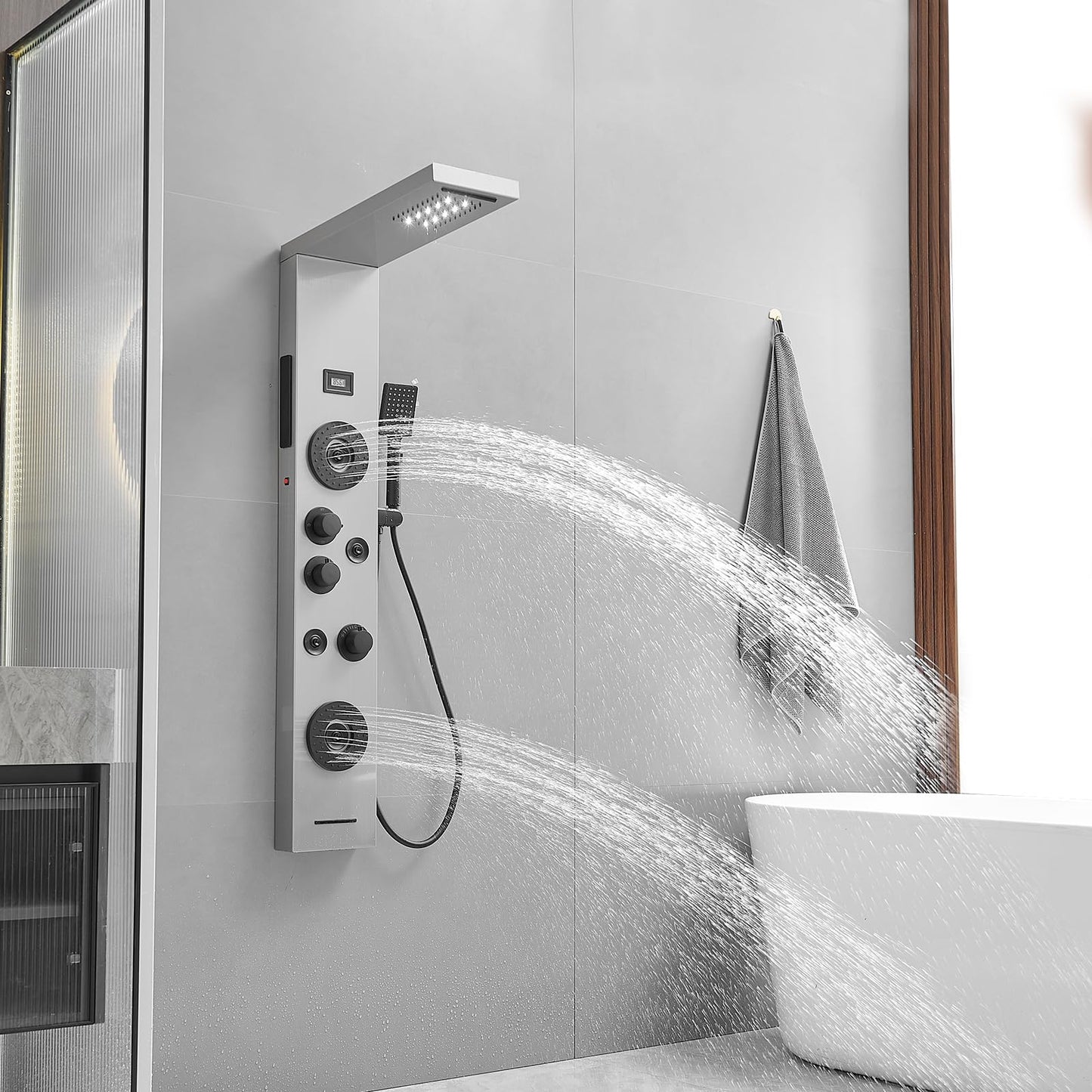 BWE stainless steel shower panel system with LED rainfall, waterfall, 4 body jets, handheld shower and temperature display