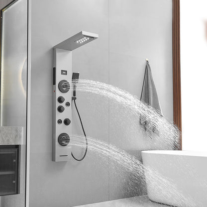 BWE stainless steel shower panel system with LED rainfall, waterfall, 4 body jets, handheld shower and temperature display