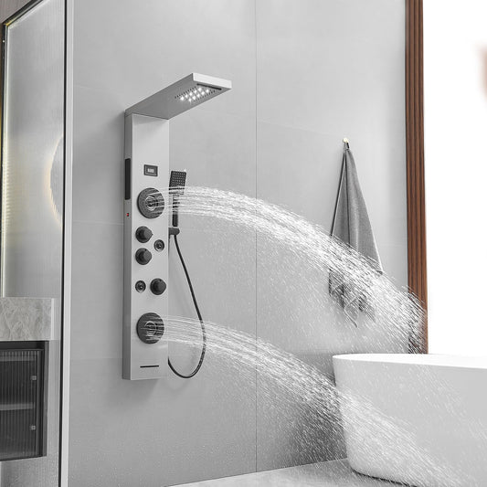 BWE stainless steel shower panel system with LED rainfall, waterfall, 4 body jets, handheld shower and temperature display