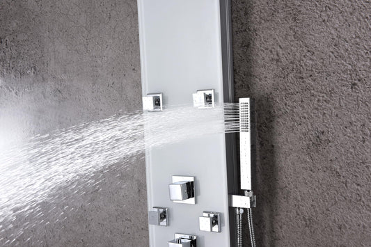ANZZI Rhaus 60 inch full body shower panel with heavy rain shower and spray wand, 6 directional jets, white finish