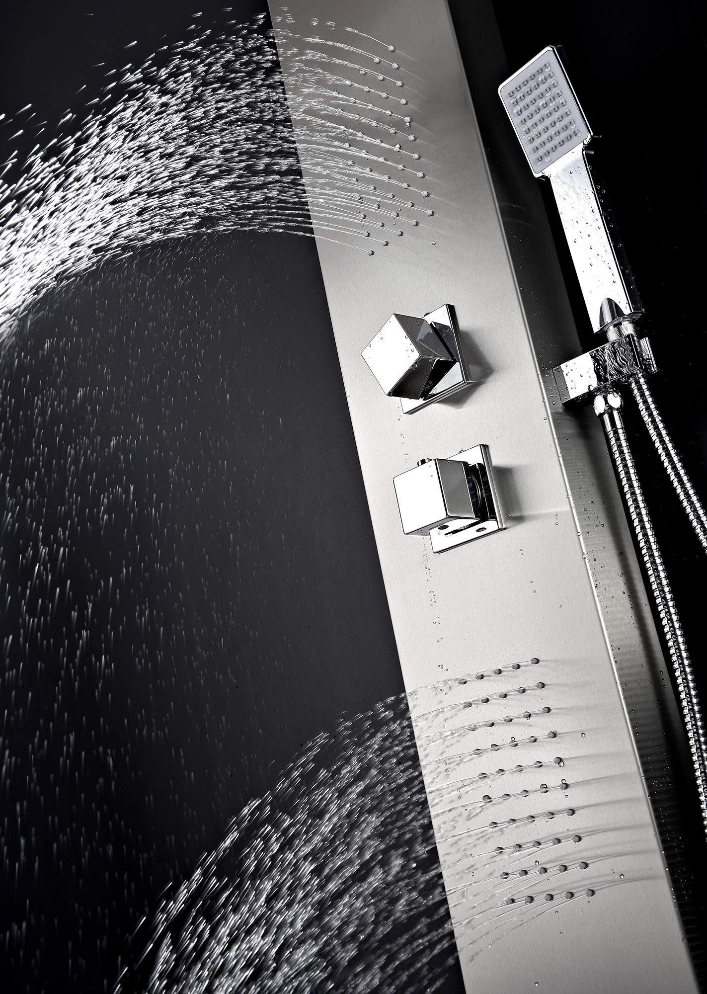 ANZZI Expanse full body massage shower panel with jetted system, rainfall and handheld, brushed steel finish