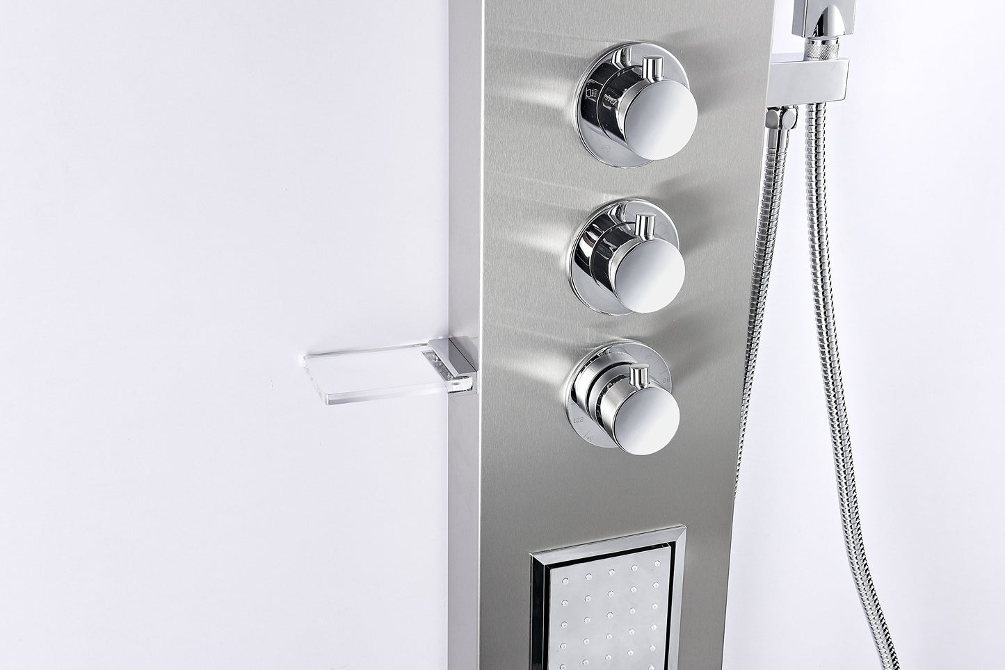 ANZZI Field 58 inch shower panel with high pressure rainfall head, handheld spray and 2 body jets, brushed steel