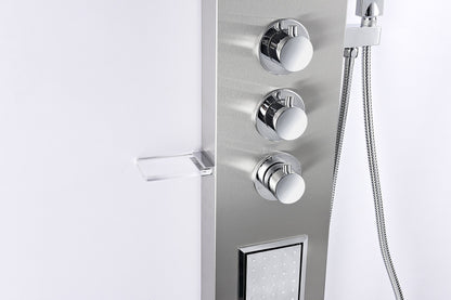 ANZZI Field 58 inch shower panel with high pressure rainfall head, handheld spray and 2 body jets, brushed steel