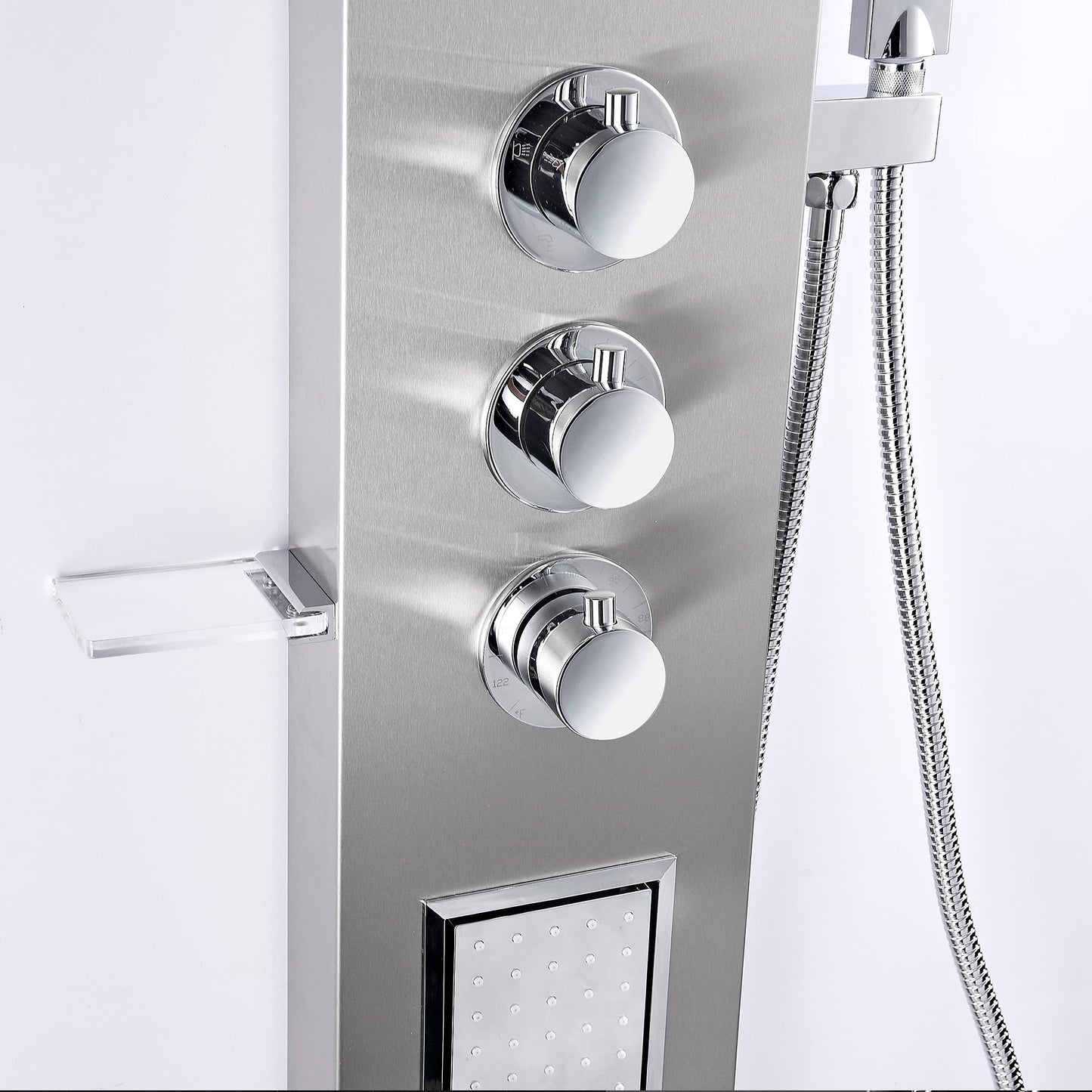 ANZZI Field 58 inch shower panel with high pressure rainfall head, handheld spray and 2 body jets, brushed steel