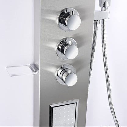 ANZZI Field 58 inch shower panel with high pressure rainfall head, handheld spray and 2 body jets, brushed steel