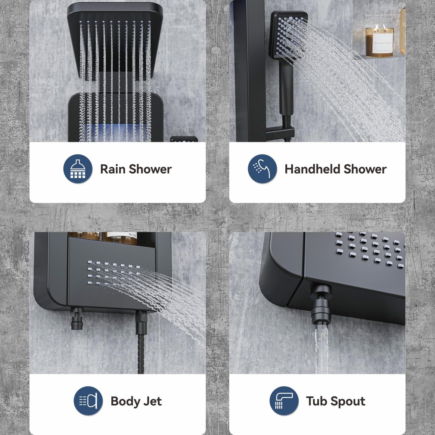 ELLO&ALLO LED shower panel tower with rainfall head, body jets and shelf, stainless steel, matte black finish