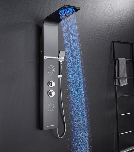POPFLY LED shower panel system with rainfall and mist, body jets, tub spout and handheld shower, stainless steel, matte black