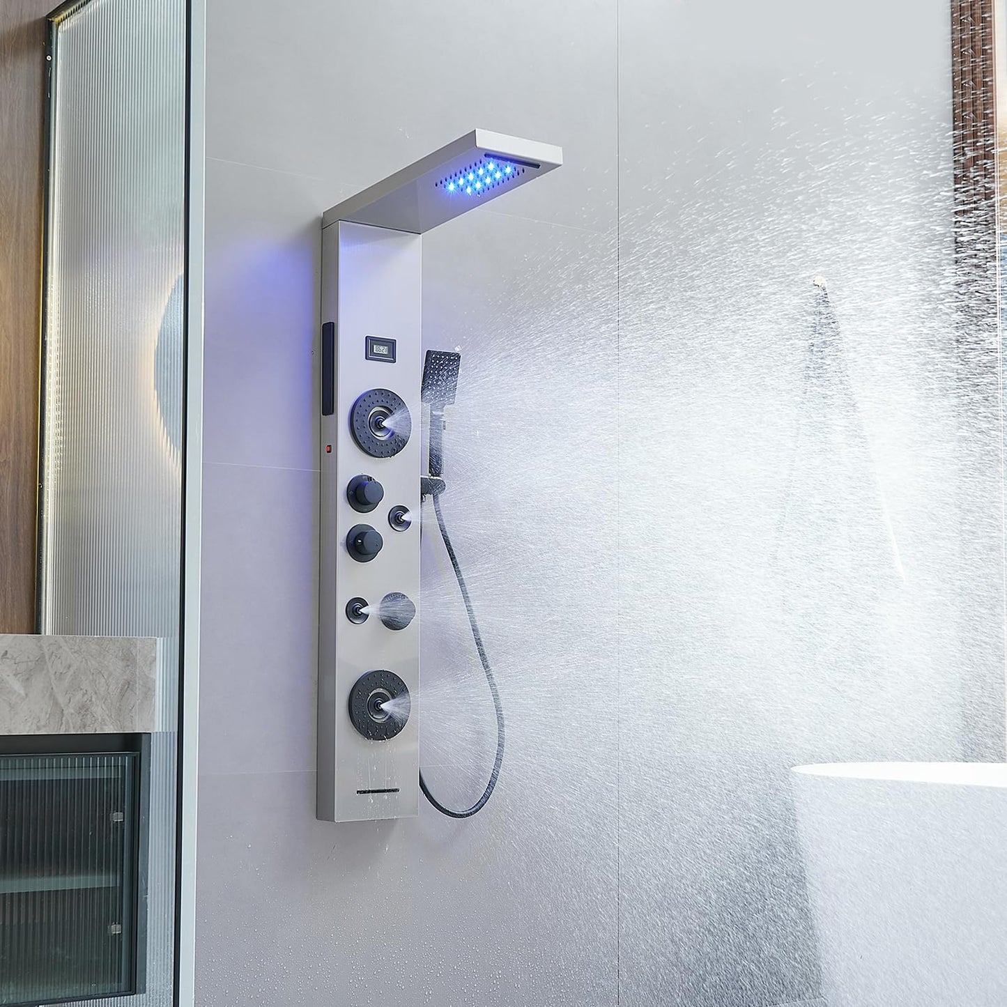 BWE stainless steel shower panel system with LED rainfall, waterfall, 4 body jets, handheld shower and temperature display