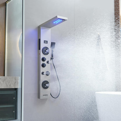 BWE stainless steel shower panel system with LED rainfall, waterfall, 4 body jets, handheld shower and temperature display