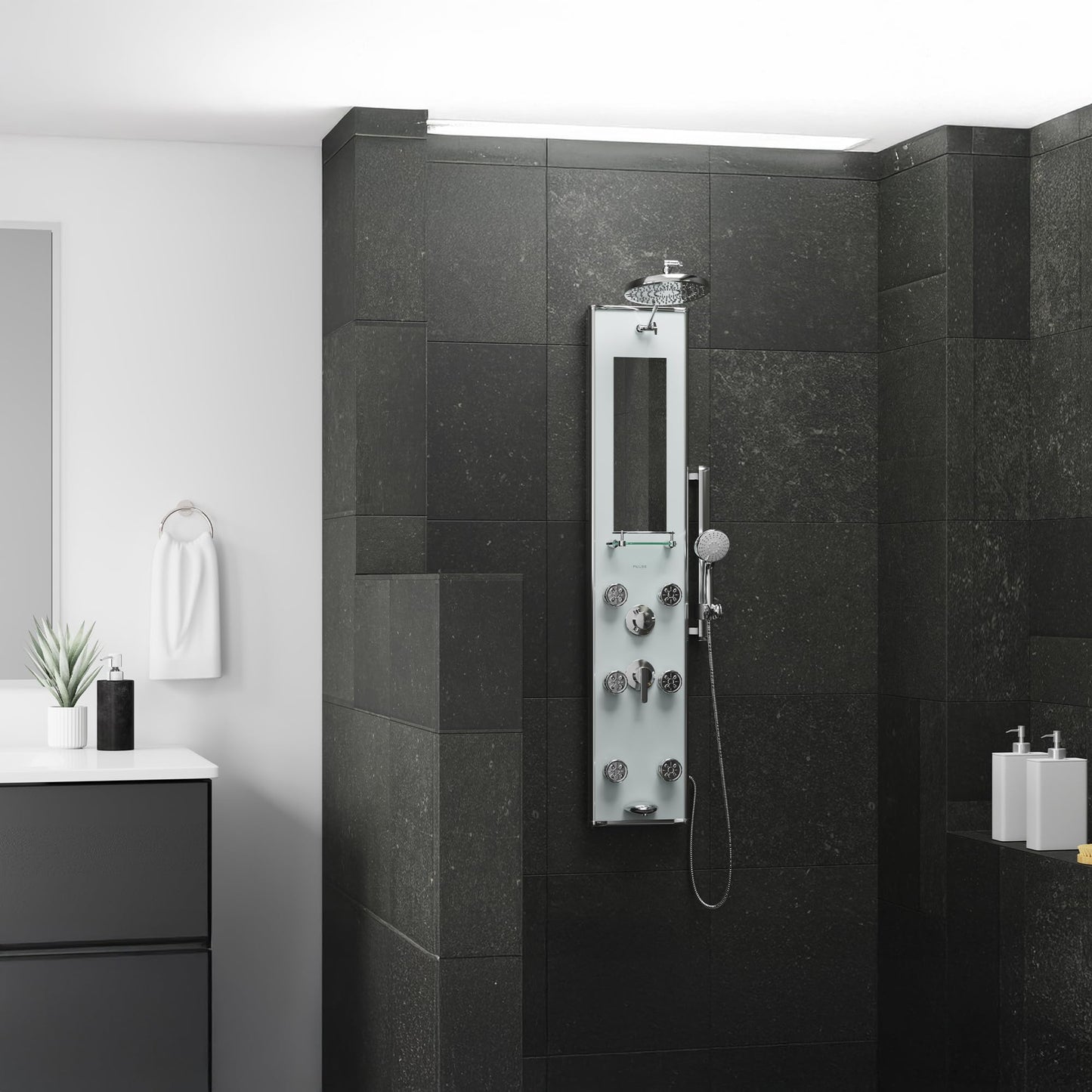 Kihei II shower panel system with 8 inch rainfall head, handheld spray, 6 body jets, 5 function wand and chrome fixtures